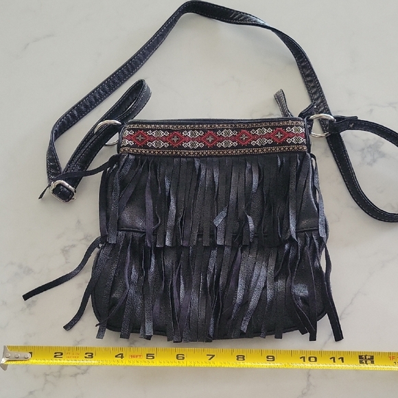 Chateau Handbags - Black Fringe Crossbody Bag with Red and White Accents